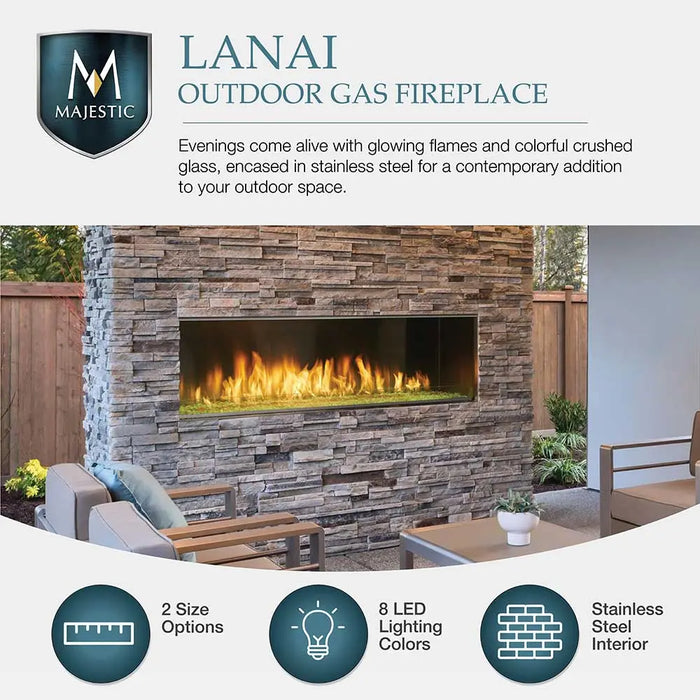 Majestic ODLANAIG-60 Lanai 60" Outdoor Linear Vent Free Gas Fireplace - overview graphic with the fireplace in a stone patio wall