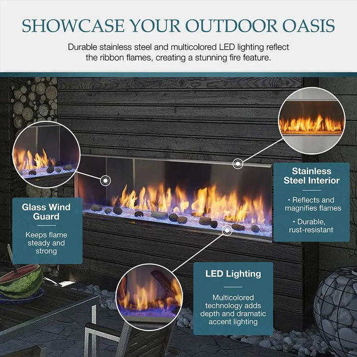 Majestic ODLANAIG-60 Lanai 60" Outdoor Linear Vent Free Gas Fireplace - features graphic: glass wind guard, stainless steel interior and LED lighting
