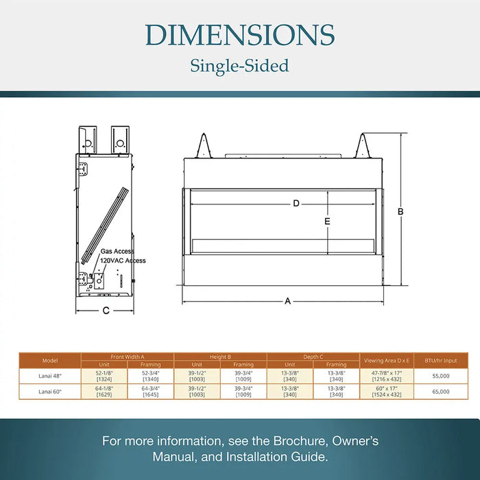 Majestic ODLANAIG-60 Lanai 60" Outdoor Linear Vent Free Gas Fireplace - dimensions diagram for single-sided models