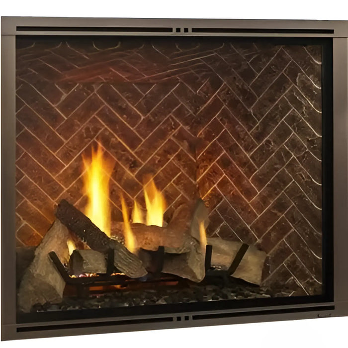 Majestic MARQ36IN-B Marquis II 36" Direct Vent Gas Fireplace - front view with logs and herringbone brick interior