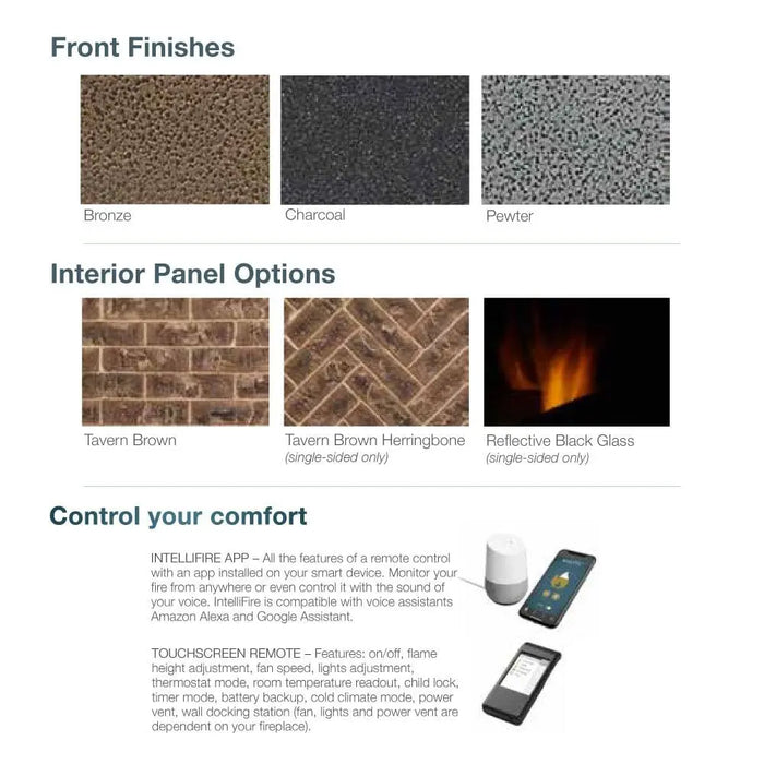 Majestic MARQ36IN-B Marquis II 36" Direct Vent Gas Fireplace - graphic of front finishes, interior panel options and controls