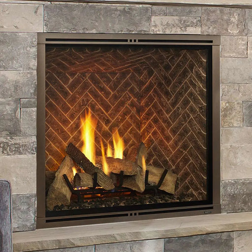 Majestic MARQ42IN-B Marquis II 42" Direct Vent Gas Fireplace - front view with logs and herringbone brick interior (view 2)