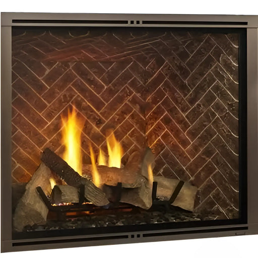 Majestic MARQ42IN-B Marquis II 42" Direct Vent Gas Fireplace - front view with logs and herringbone brick interior
