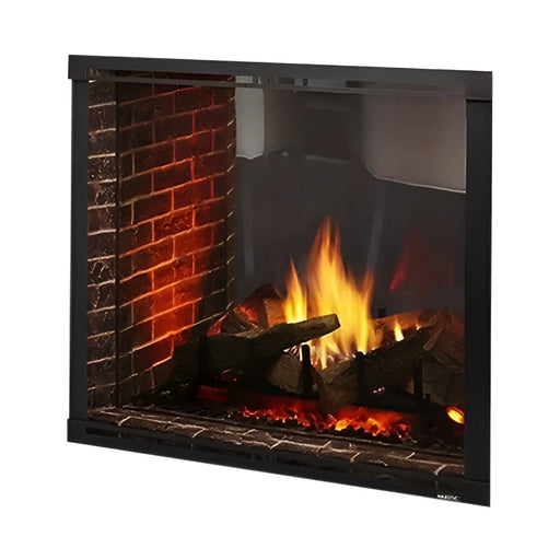 Majestic MARQ42STIN Marquis II 42" See-Through Direct Vent Gas Fireplace - angled see-through view with logs and red brick interior
