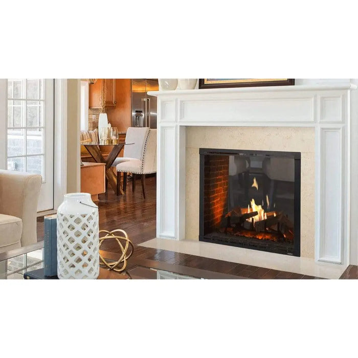 Majestic MARQ42STIN Marquis II 42" See-Through Direct Vent Gas Fireplace - see-through fireplace with a white mantel in a living room (view 2)