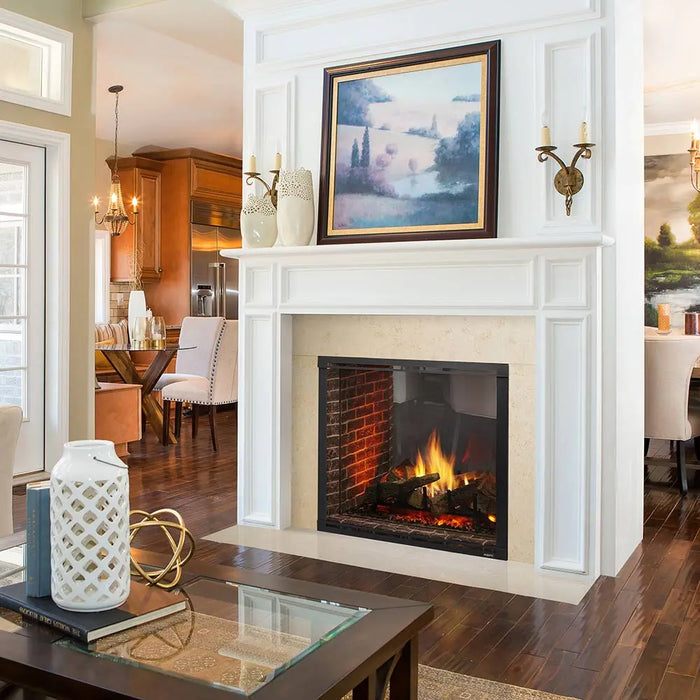 Majestic MARQ42STIN Marquis II 42" See-Through Direct Vent Gas Fireplace - installed with a white mantel below framed art