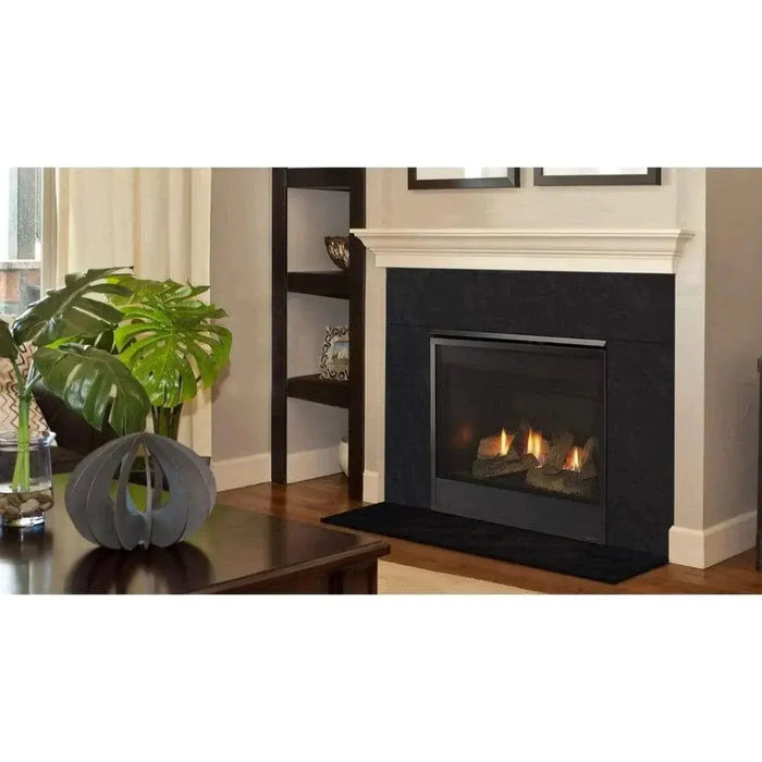 Majestic Mercury 32" Traditional Direct Vent Gas Fireplace - installed with a white mantel and dark surround, wider view