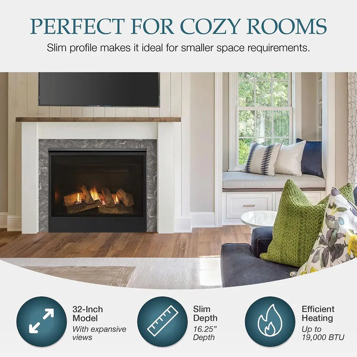 Majestic Mercury 32" Traditional Direct Vent Gas Fireplace - graphic showing the slim 32 in. fireplace in a small room