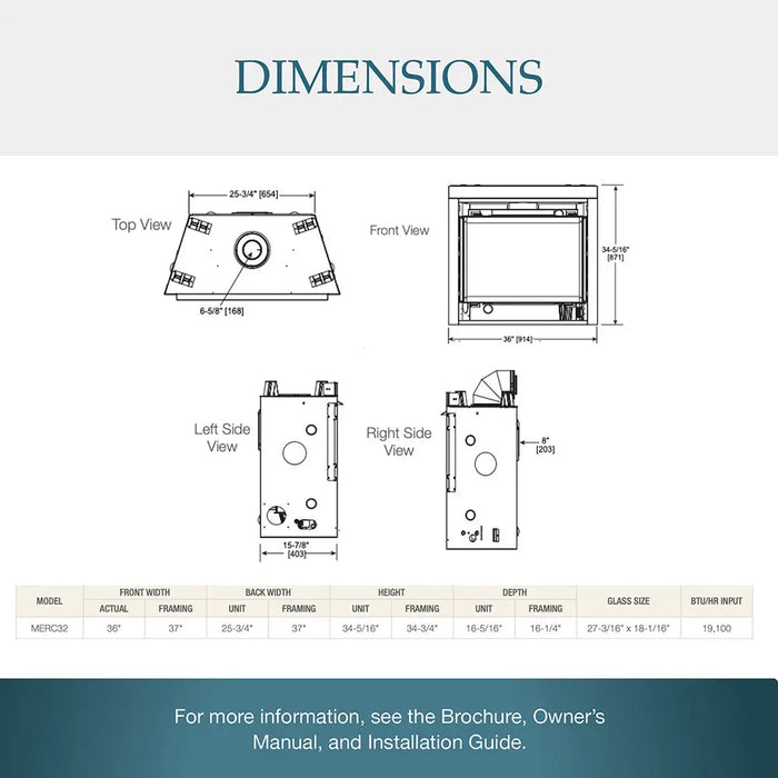 Majestic Mercury 32" Traditional Direct Vent Gas Fireplace - dimensions diagram