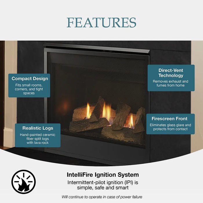 Majestic Mercury 32" Traditional Direct Vent Gas Fireplace - features graphic: compact design, direct vent, realistic logs and firescreen front