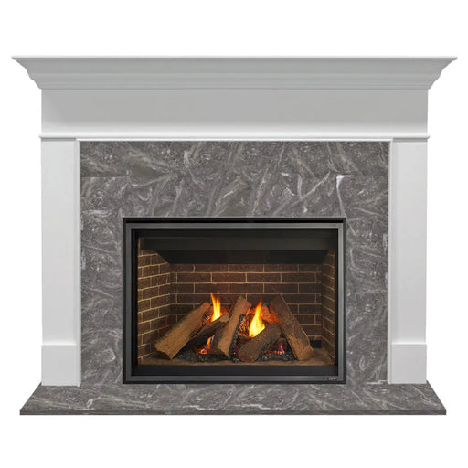 Majestic Meridian 36" Top/Rear Direct Vent Gas Fireplace - installed with a white mantel and gray marble surround