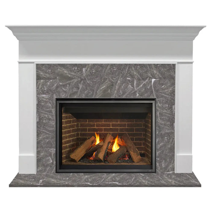 Majestic Meridian 36" Top/Rear Direct Vent Gas Fireplace - installed with a white mantel and gray marble surround