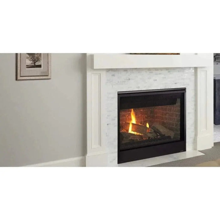 Majestic Meridian 36" Top/Rear Direct Vent Gas Fireplace - installed with a white tile surround, close view