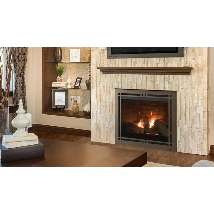 Majestic Meridian 36" Top/Rear Direct Vent Gas Fireplace - installed in a stone wall below shelves