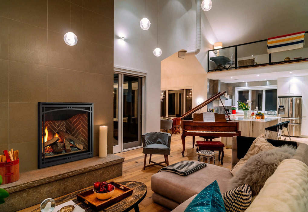 Majestic Meridian 36" Top/Rear Direct Vent Gas Fireplace - installed in a great room with a vaulted ceiling