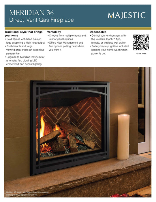 Majestic Meridian 36" Traditional Top/Rear Direct Vent Natural Gas Fireplace With IntelliFire Touch ignition System Majestic