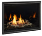 Majestic Meridian Modern 42 gas fireplace, front view with black glass liner, Ensemble front and driftwood logs