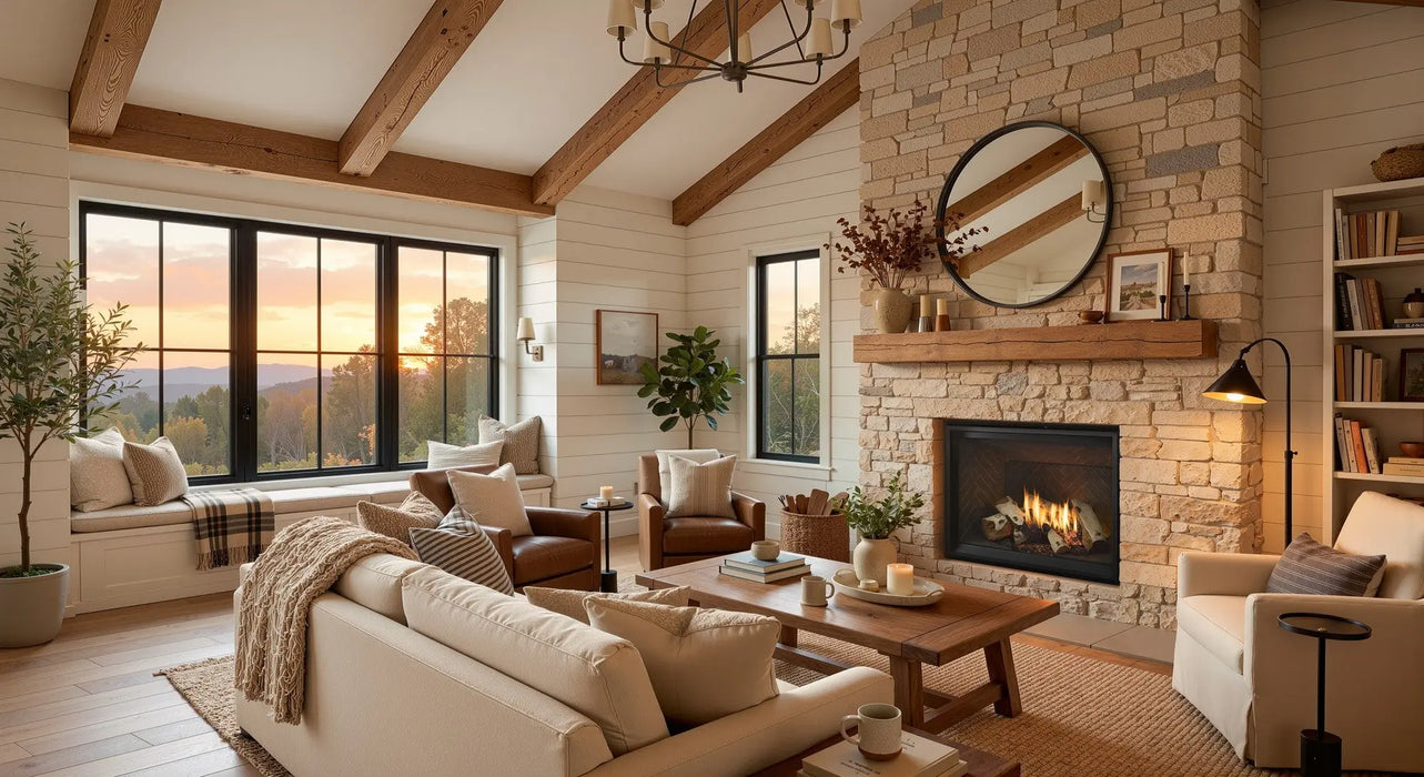 Majestic Meridian 42 gas fireplace in a modern farmhouse room with birch logs