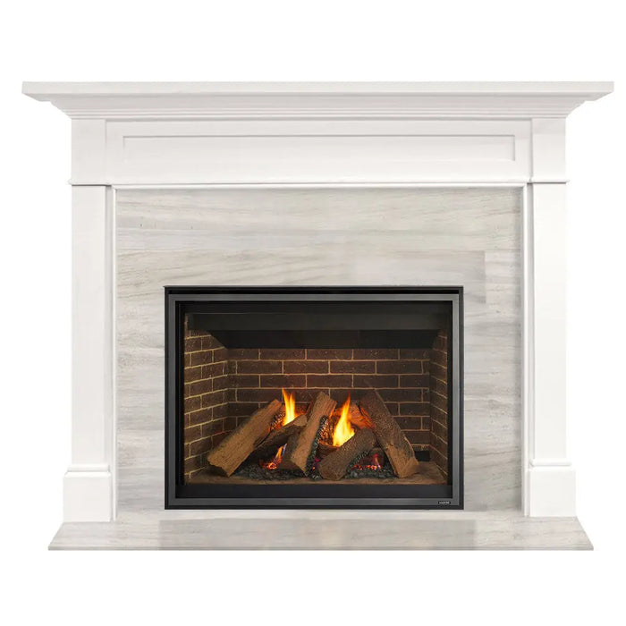 Majestic Meridian Platinum 36" Top/Rear Direct Vent Gas Fireplace - installed with a white mantel and light tile surround