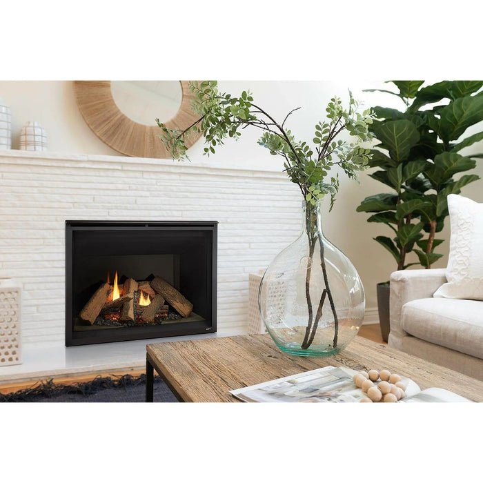 Majestic Meridian Platinum 36" Top/Rear Direct Vent Gas Fireplace - installed in a white brick wall beside a plant