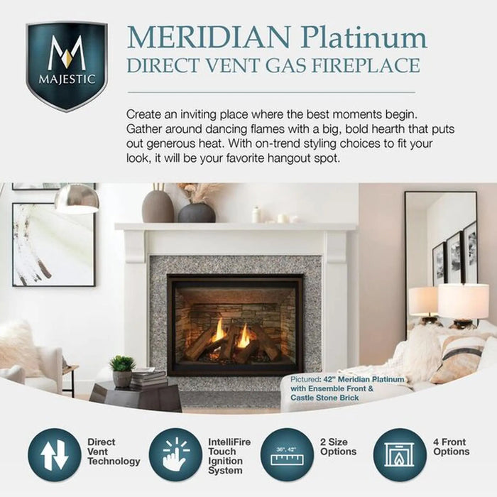 Majestic Meridian Platinum 36" Top/Rear Direct Vent Gas Fireplace - overview graphic with the fireplace in a living room