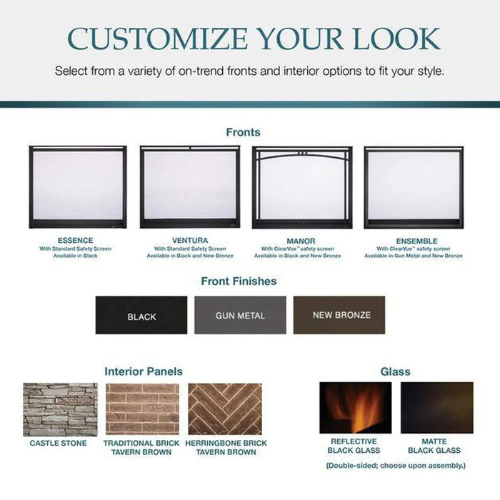Majestic Meridian Platinum 36" Top/Rear Direct Vent Gas Fireplace - graphic of front, finish and interior panel options