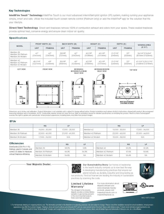 Majestic Meridian Platinum 36" Traditional Top/Rear Direct Vent Natural Gas Fireplace With IntelliFire Touch ignition System Majestic