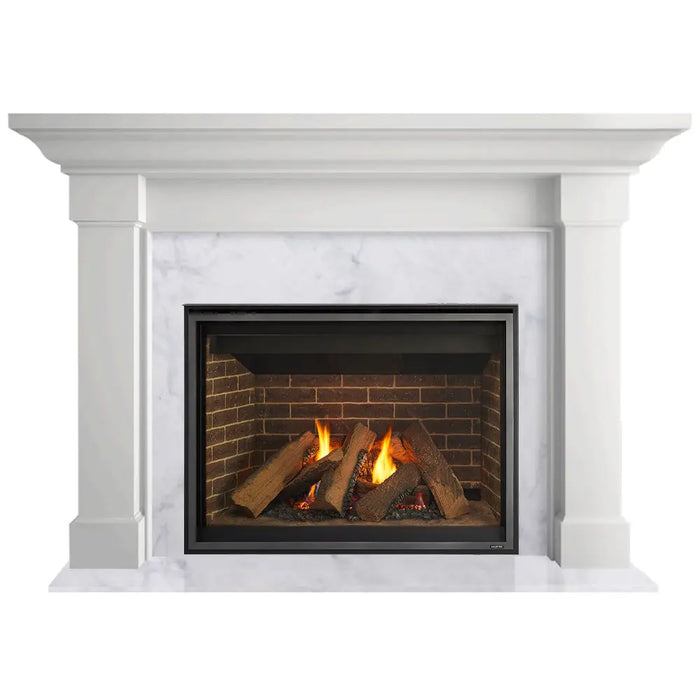Majestic Meridian Platinum 42" Top/Rear Direct Vent Gas Fireplace - installed with a white mantel and marble surround