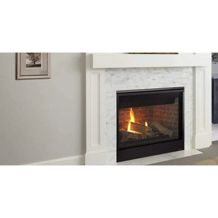 Majestic Meridian Platinum 42" Top/Rear Direct Vent Gas Fireplace - installed with a white tile surround, close view