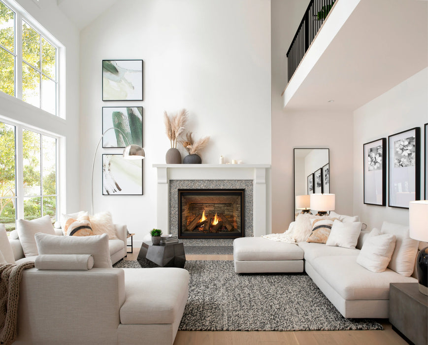 Majestic Meridian Platinum 42" Top/Rear Direct Vent Gas Fireplace - installed in a bright two-story living room