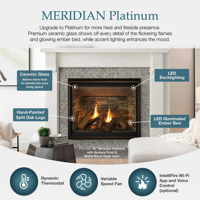 Majestic Meridian Platinum 42" Top/Rear Direct Vent Gas Fireplace - features graphic: ceramic glass, LED backlighting, split oak logs and LED ember bed