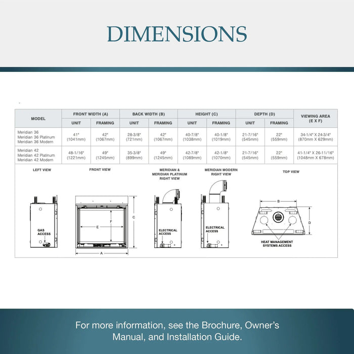 Majestic Meridian Platinum 42" Top/Rear Direct Vent Gas Fireplace - dimensions diagram