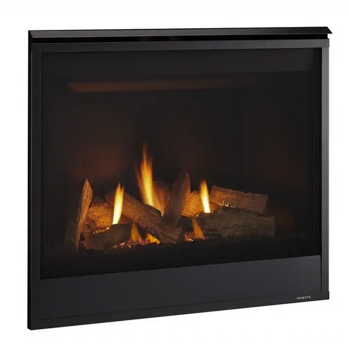 Majestic QUARTZ32IFTL Quartz 32" Direct Vent Propane Fireplace - angled view with logs burning