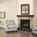 Majestic Quartz Direct Vent Fireplace - installed in a tile surround beside an armchair