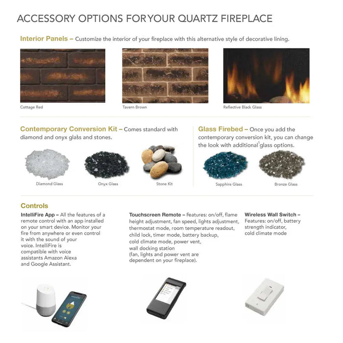 Majestic Quartz Direct Vent Fireplace - brochure page of interior panel, glass media and control options