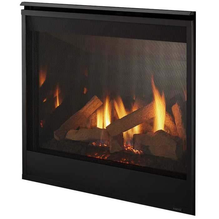 Majestic QUARTZPLA36IN Quartz Platinum 36" Direct Vent Gas Fireplace - angled view with logs burning