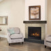 Majestic Quartz Platinum 36" Direct Vent Fireplace - installed in a tile surround beside an armchair