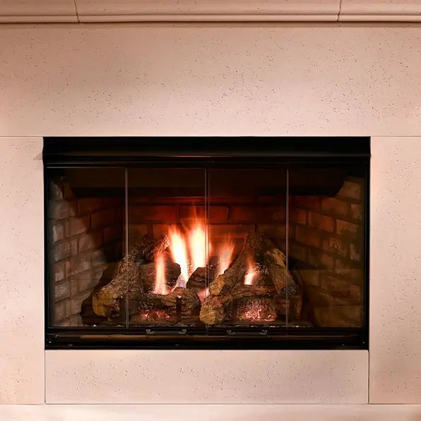 Majestic Reveal Traditional Open Hearth B-Vent Gas Fireplace - installed in a light stone surround