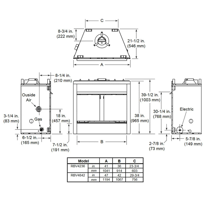 Majestic Reveal 36" Traditional Open Hearth B-Vent Gas Fireplace - dimension drawing