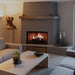 Majestic BE42 Royalton 42" Radiant Traditional Wood Burning Fireplace - installed in a gray wall with a wood mantel, close view