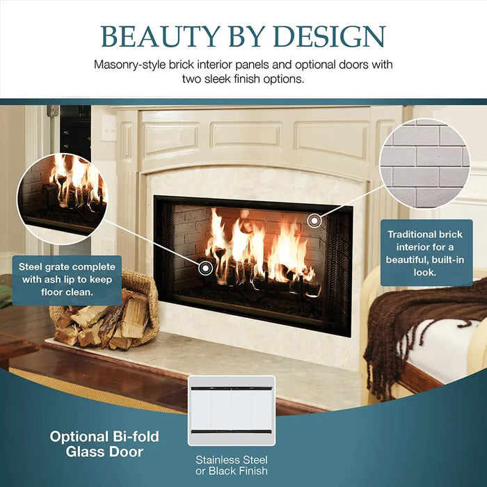 Majestic BE42 Royalton 42" Radiant Traditional Wood Burning Fireplace - features graphic: brick interior panels, ash lip grate and optional glass door