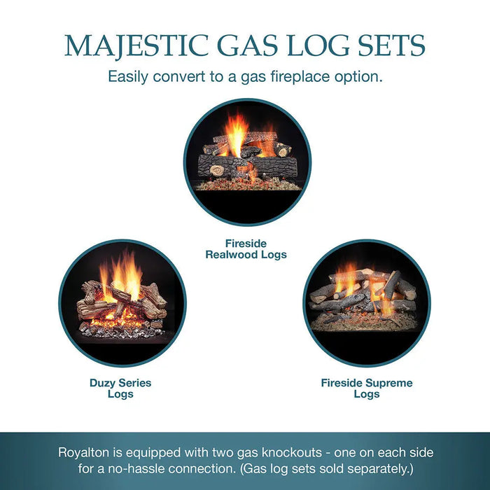 Majestic BE42 Royalton 42" Radiant Traditional Wood Burning Fireplace - graphic of compatible Majestic gas log sets