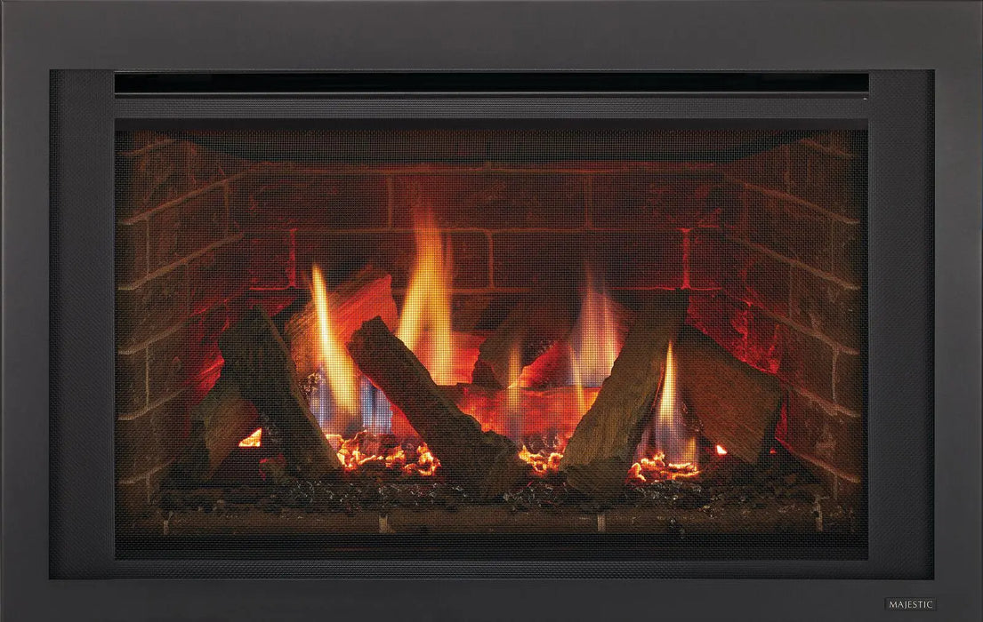 Majestic Ruby 25" Direct Vent Gas Fireplace Insert - front view with logs burning, close