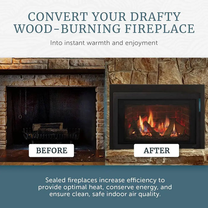 Majestic Ruby 25" Direct Vent Gas Fireplace Insert - before and after graphic: wood-burning fireplace converted with the insert (view 2)