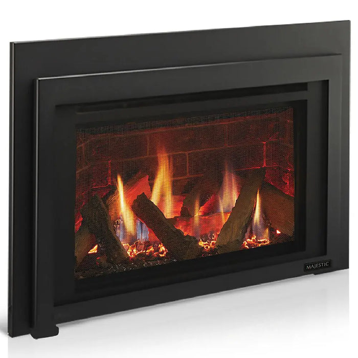 Majestic Ruby 30" Traditional Direct Vent Gas Fireplace Insert - angled view with logs burning (view 2)