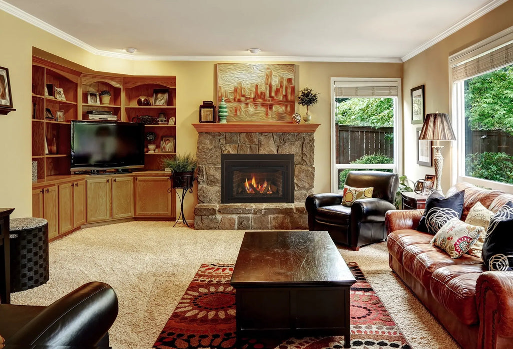 Majestic Ruby gas fireplace insert with bronze arch front and tavern brown brick