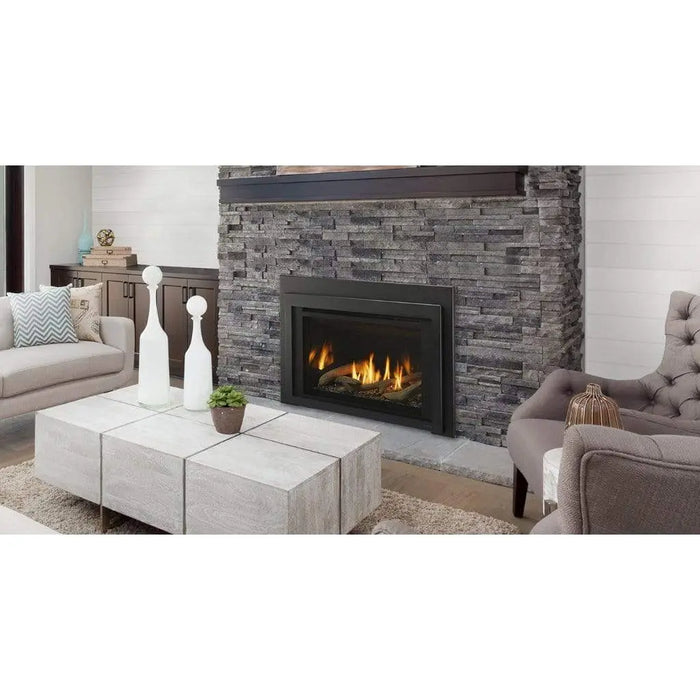Majestic Ruby Freestanding 30" Direct Vent Propane Fireplace With Steel Cabinet - insert installed in a dark stacked-stone wall
