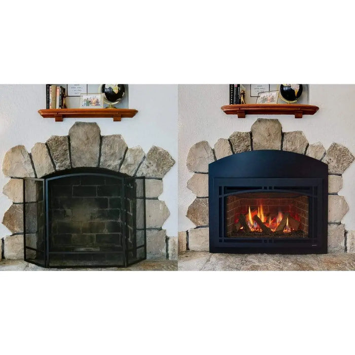 Majestic Ruby Freestanding 30" Direct Vent Propane Fireplace With Steel Cabinet - before and after: an open masonry fireplace and the installed insert