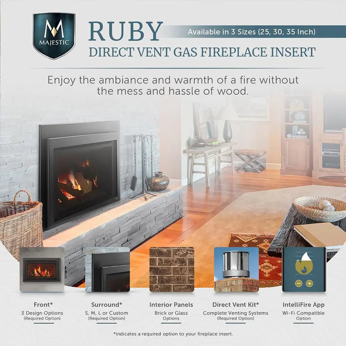 Majestic Ruby Freestanding 30" Direct Vent Propane Fireplace With Steel Cabinet - overview graphic with sizes and options