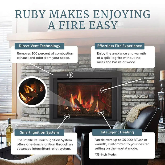 Majestic Ruby Freestanding 30" Direct Vent Propane Fireplace With Steel Cabinet - features graphic: direct vent, ignition system and heating